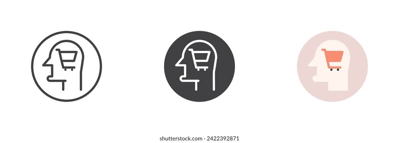 Head with shopping cart different style icon set. Line, glyph and filled outline colorful version, outline and filled vector sign. Symbol, logo illustration. Vector graphics