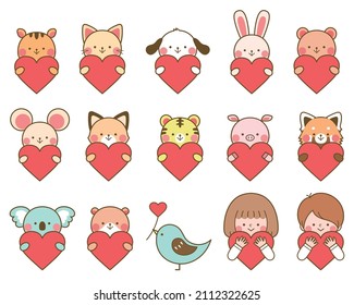 Head shot illustrations of various animals holding hearts