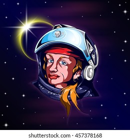 Head shot of woman astronaut in helmet against starry skies and solar eclipse. Vector illustration 10 EPS