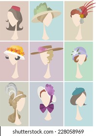 Head and Shoulder People Avatar Profile Women hat collection Set, vector illustration.