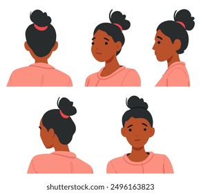 Head And Shoulders Of Young Cartoon Woman In A Pink Top Are Shown From Various Angles, Including Front, Back, And Side Profiles. Character Has A Bun In Her Hair And A Calm Expression On Her Face