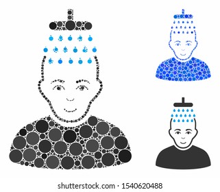Head shower composition of small circles in different sizes and color hues, based on head shower icon. Vector small circles are combined into blue composition.