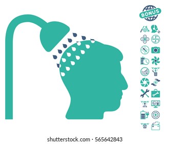 Head Shower icon with bonus copter tools design elements. Vector illustration style is flat iconic cobalt and cyan symbols on white background.
