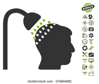 Head Shower icon with bonus flying drone tools clip art. Vector illustration style is flat iconic eco green and gray symbols on white background.