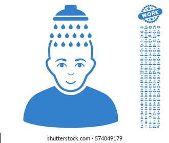 Head Shower icon with bonus men clip art. Vector illustration style is flat iconic cobalt symbols on white background.