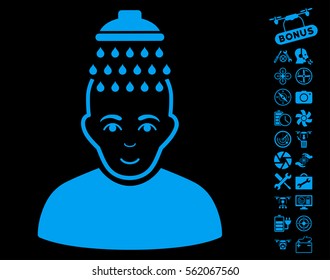 Head Shower icon with bonus quad copter tools design elements. Vector illustration style is flat iconic blue symbols on black background.