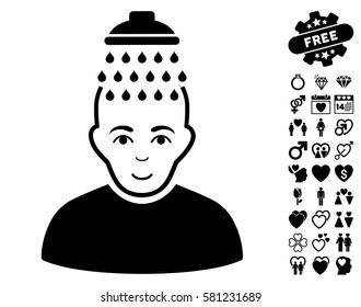 Head Shower icon with bonus valentine design elements. Vector illustration style is flat iconic black symbols on white background.