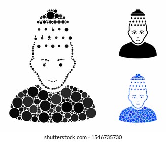 Head shower mosaic of small circles in various sizes and shades, based on head shower icon. Vector small circles are composed into blue composition. Dotted head shower icon in usual and blue versions.