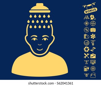 Head Shower pictograph with bonus airdrone service clip art. Vector illustration style is flat iconic yellow symbols on blue background.
