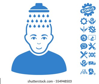 Head Shower pictograph with bonus configuration icon set. Vector illustration style is flat iconic cobalt symbols on white background.