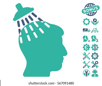 Head Shower pictograph with bonus service pictograms. Vector illustration style is flat iconic cobalt and cyan symbols on white background.