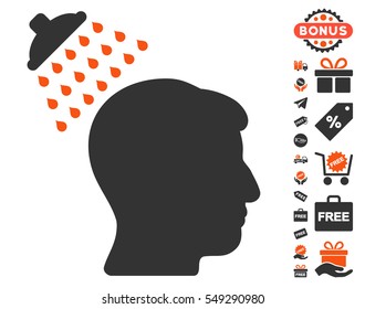 Head Shower pictograph with free bonus pictograms. Vector illustration style is flat iconic symbols, orange and gray colors, white background.