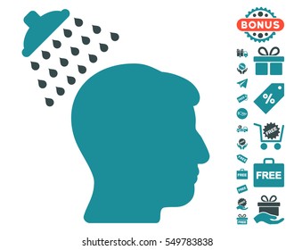 Head Shower pictograph with free bonus graphic icons. Vector illustration style is flat iconic symbols, soft blue colors, white background.