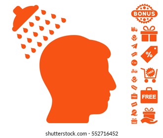 Head Shower pictograph with free bonus symbols. Vector illustration style is flat iconic symbols, orange color, white background.