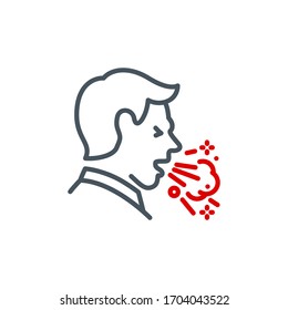 head of sick man coughing without a mask single line icon isolated on white. Perfect outline symbol Signs and symptoms Coronavirus Covid 19 pandemic banner. Quality design element with editable Stroke
