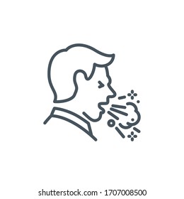 cabeza de hombre enfermo tosiendo sin una máscara icono de una sola línea aislado en blanco. Símbolo de esquema perfecto Signos y síntomas Coronavirus Covid 19 pandemia banner. Elemento de diseño de calidad con trazos editables