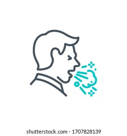 head of sick man coughing without a mask single line icon isolated on white. Perfect outline symbol Signs and symptoms Coronavirus Covid 19 pandemic banner. Quality design element with editable Stroke