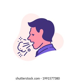 head of sick man coughing without a mask single flat line icon isolated on white. Perfect outline symbol Signs and symptoms Coronavirus Covid 19 pandemic banner. Quality flat design element