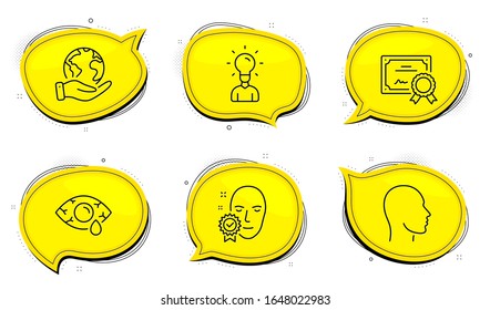 Head sign. Diploma certificate, save planet chat bubbles. Ð¡onjunctivitis eye, Face verified and Education line icons set. Optometry clinic, Access granted, Human idea. Outline icons set. Vector