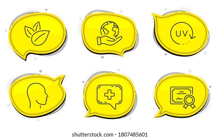 Kopfzeichen. Diploma-Zertifikat, retten Sie Chat-Blasen auf dem Planeten. Medical Chat, Organic Produkt und Uv Schutzlinie Symbole gesetzt. Medizin hilft, Blätter, Hautcreme. Menschliches Profil. Gesundheitsfürsorge. Vektorgrafik