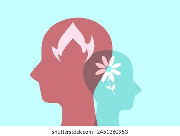 Head sign with fire and flower symbol. Problem resolve control. Metaphor mind mental. Split personality. Concept Psychology. Dual personality mind. Mental health.