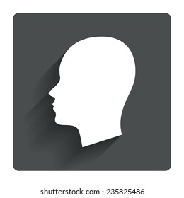 Head sign icon. Female woman human head symbol. Gray flat square button with shadow. Modern UI website navigation. Vector
