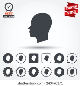 Head sign icon. Female woman human head symbol. Circle, star, speech bubble and square buttons. Award medal with check mark. Thank you ribbon. Vector