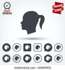 Head sign icon. Female woman human head with pigtail symbol. Circle, star, speech bubble and square buttons. Award medal with check mark. Thank you ribbon. Vector