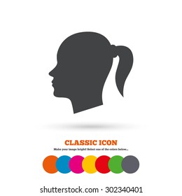 Head sign icon. Female woman human head with pigtail symbol. Classic flat icon. Colored circles. Vector