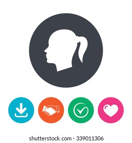 Head sign icon. Female woman human head with pigtail symbol. Download arrow, handshake, tick and heart. Flat circle buttons.