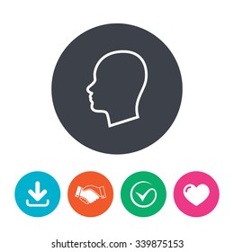 Head sign icon. Female woman human head symbol. Download arrow, handshake, tick and heart. Flat circle buttons.
