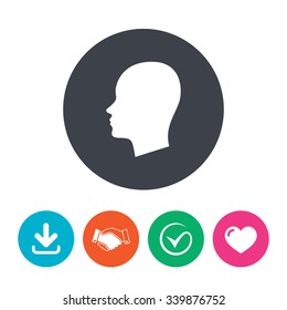 Head sign icon. Female woman human head symbol. Download arrow, handshake, tick and heart. Flat circle buttons.