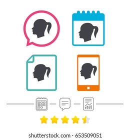 Head sign icon. Female woman human head with pigtail symbol. Calendar, chat speech bubble and report linear icons. Star vote ranking. Vector