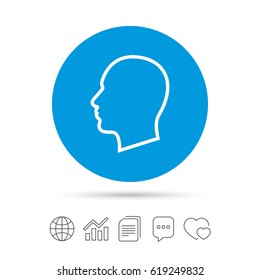 Head sign icon. Male human head symbol. Copy files, chat speech bubble and chart web icons. Vector