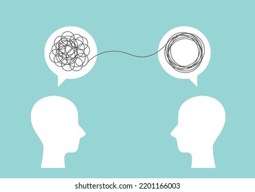 Head sign with speech bubble and doodle line. Problem resolve. Understand question. Mental Problem solving, Complicated solution. Confusion clarity. Psychotherapy, Communication symbol concept