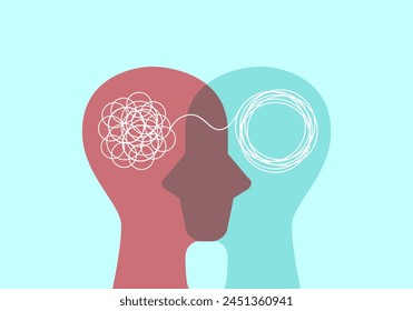 Head sign with tangle and untangle doodle symbol and connecting line. Problem resolve control. Metaphor mind mental. Split personality. Concept Psychology. Dual personality mind. Mental health.