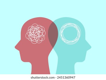 Head sign with tangle and untangle doodle symbol. Problem resolve control. Metaphor mind mental. Split personality. Concept Psychology. Dual personality mind. Mental health.