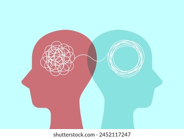 Señal de cabeza con símbolo de garabato enredado y desenredado y línea de conexión. Resolver problemas, mentalmente. Personalidad dividida. Concepto Psicología. Mente de doble personalidad. Salud mental.