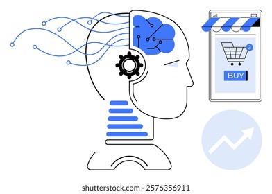 Head silhouette with AI elements and a smartphone showing an online store with a buy button. Ideal for artificial intelligence, e-commerce, online shopping, technology innovation, consumer behavior