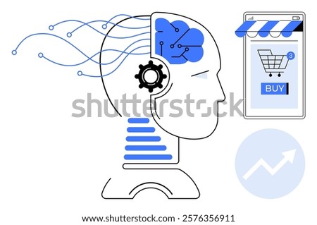 Head silhouette with AI elements and a smartphone showing an online store with a buy button. Ideal for artificial intelligence, e-commerce, online shopping, technology innovation, consumer behavior
