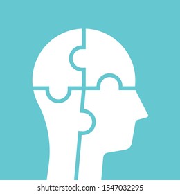 Head silhouette assembled of four white jigsaw puzzle pieces. Mind, intelligence, psychology, education, solution and development concept. EPS 8 vector illustration, no transparency, no gradients