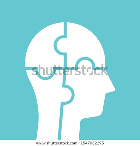 Head silhouette assembled of four white jigsaw puzzle pieces. Mind, intelligence, psychology, education, solution and development concept. EPS 8 vector illustration, no transparency, no gradients