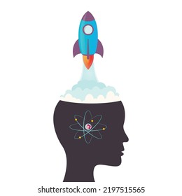 Head silhouette with atom and rocket vector illustration