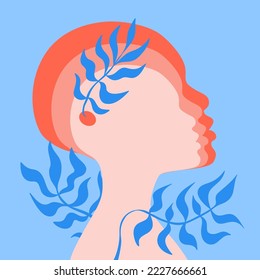 Head silhouette, aura levels, laurel branches. Germinating seed of self awareness. Mental health, healing reflections, positive psycology, self care, psychological comfort harmony eco thinking concept
