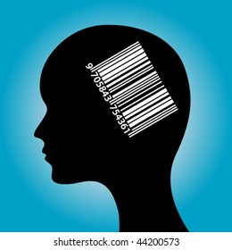 head silhouette with bar code on blue background