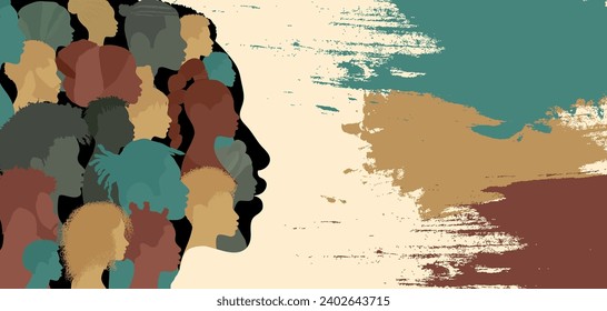 Head silhouette of black man containing many heads of African and African American people.Black history month.Black Ethnic group.Racial equality - justice - identity - anti-racism.Banner