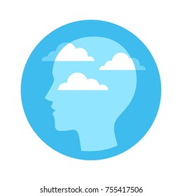 Head silhouette with blue sky and clouds. Mindfulness and meditation concept, vector illustration.
