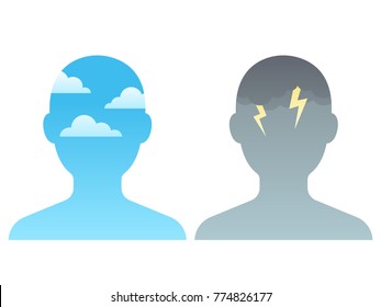 Head silhouette with blue sky and dark storm clouds. Mindfulness and stress management concept, vector illustration.