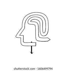 Head silhouette, brain, arrows in different directions. Education, open mind, development, creativity, decision, doubt concept. Flat design. Raster copy
