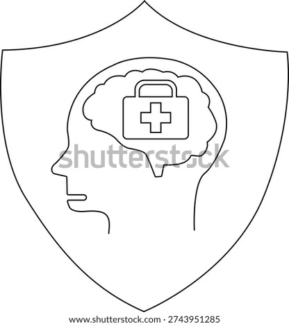 Head silhouette with a brain containing a firstaid kit all inside a shield shape